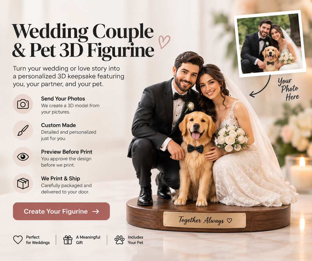 Wedding couple and pet custom 3D figurine made from customer photos