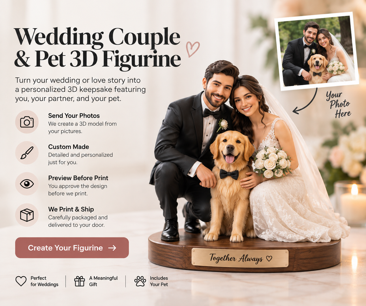 Wedding couple and pet custom 3D figurine made from customer photos